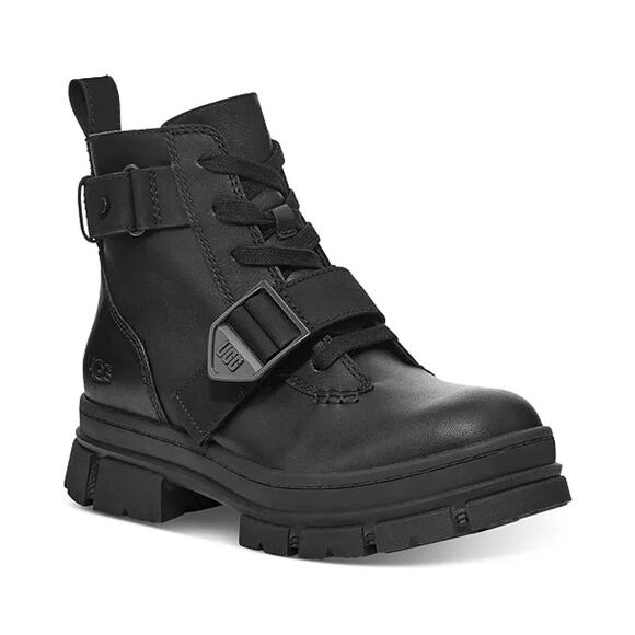 UGG Women's Ashton Waterproof Lace-Up Zip Black Booties Moto Combat EUC 7 - Picture 1 of 6